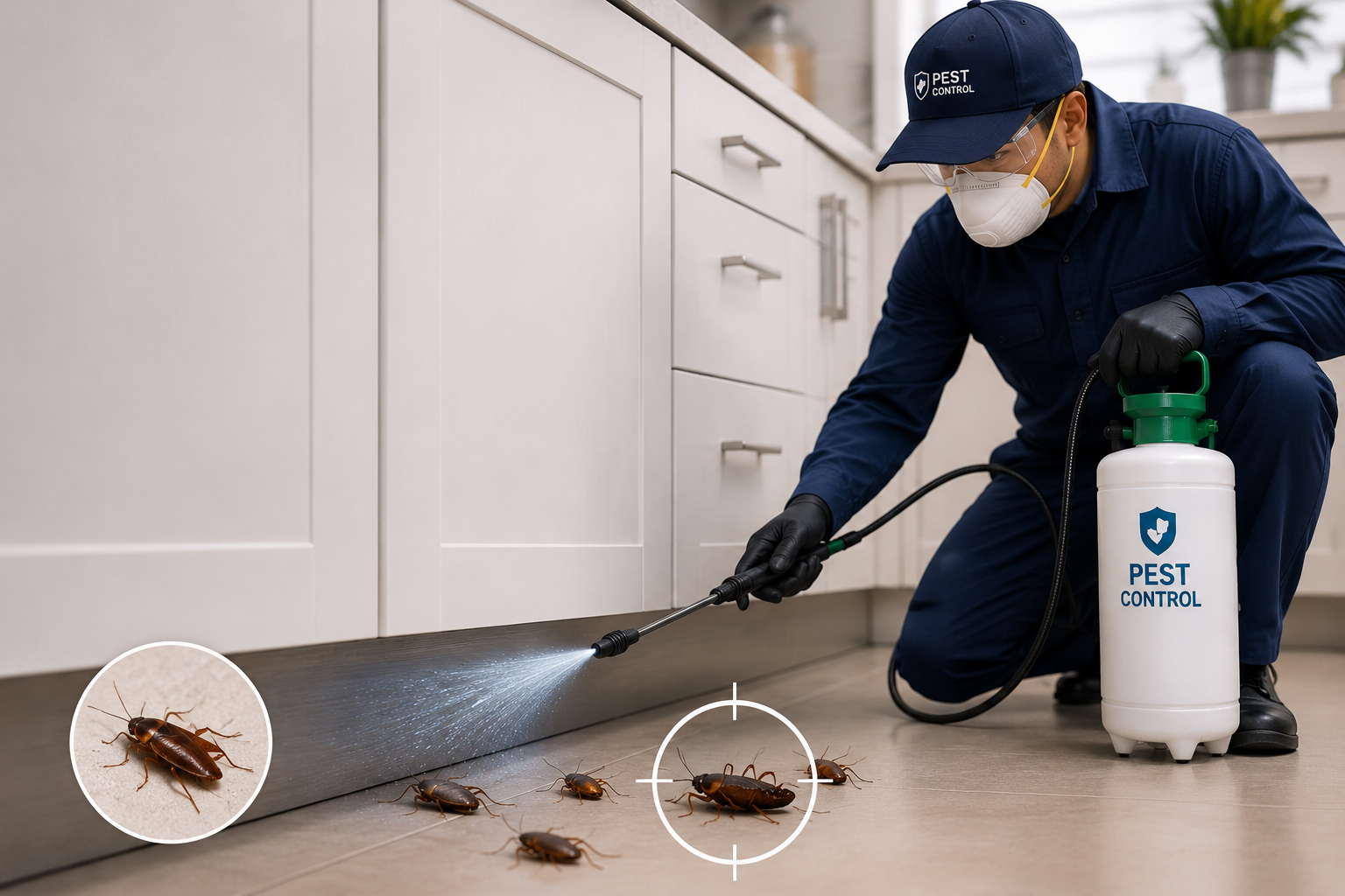 Technician spraying cockroach treatment in a kitchen